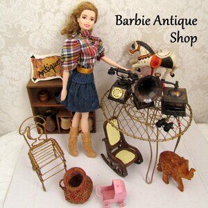 BARBIE & ANTIQUE SHOP LOT, VINTAGE FURNITURE + GRAMOPHONE, PHONE, COFFEE GRINDER